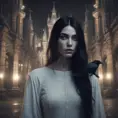 Female ghost with raven hair and black eyest in a creepy castle at night, 8k, Dystopian, Dark