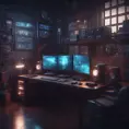 A dark industrial desk from the future with many monitors, Photo Realistic, Volumetric light effect, Octane Render, Unreal Engine, Ambient Occlusion, Maximalism, Industrial by Beeple