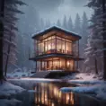 Grand futuristic glass cabin in the woods surrounded by a lake in winter, Atmospheric, Highly Detailed, Intricate, Trending on Artstation, Stunning, Realistic, Unreal Engine, Dynamic Lighting, Radiant, Fantasy by Greg Rutkowski