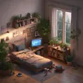 isometric render, messy nostalgic bedroom with a gaming pc, windows, plants bookshelves, desk, 8k, Behance, Dynamic Lighting, Concept Art, 3D art, Muted