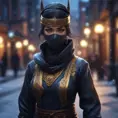 Wallpaper of a mysterious beautiful masked kunoichi ninja wearing eyeliner and gold jewelry in the streets of a dark snowy town in moscow, fluid motion, 8k, Intricate Details, Trending on Artstation, Beautiful, Stunning, Centered by Stanley Artgerm Lau, WLOP