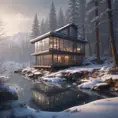 Grand futuristic glass cabin in the woods surrounded by a lake in winter, Atmospheric, Highly Detailed, Intricate, Trending on Artstation, Stunning, Realistic, Unreal Engine, Dynamic Lighting, Radiant, Fantasy by Greg Rutkowski