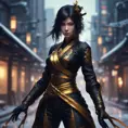 Mysterious beautiful armed kunoichi ninja wearing black and gold in the streets of dark snowy tokyo, 8k, Intricate Details, Trending on Artstation, Beautiful, Stunning, Centered by Stanley Artgerm Lau, WLOP