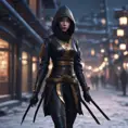 Mysterious beautiful armed kunoichi ninja wearing black leather and gold in the streets of dark snowy tokyo, 8k, Intricate Details, Trending on Artstation, Beautiful, Stunning, Centered by Stanley Artgerm Lau, WLOP