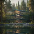 Beautiful futuristic architectural glass house in the forest on a large lake, 8k, Award-Winning, Highly Detailed, Beautiful, Epic, Octane Render, Unreal Engine, Radiant, Volumetric Lighting by Michael Eastman