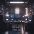 A dark industrial desk from the future with many monitors, Photo Realistic, Volumetric light effect, Octane Render, Unreal Engine, Ambient Occlusion, Maximalism, Industrial by Beeple