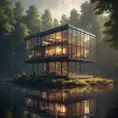 Beautiful futuristic architectural glass house in the forest on a large lake, 8k, Award-Winning, Highly Detailed, Beautiful, Epic, Octane Render, Unreal Engine, Radiant, Volumetric Lighting by Leonid Afremov