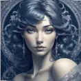 Alluring matte portrait of a beautiful A2 in dark blue, 8k, Highly Detailed, Intricate, Half Body, Realistic, Sharp Focus, Volumetric Lighting, Fantasy, Elegant by Stanley Artgerm Lau, Alphonse Mucha, WLOP, Stefan Kostic