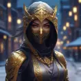 Wallpaper of a mysterious beautiful masked kunoichi ninja wearing eyeliner and gold jewelry in the streets of a dark snowy town in moscow, fluid motion, 8k, Intricate Details, Trending on Artstation, Beautiful, Stunning, Centered by Stanley Artgerm Lau, WLOP