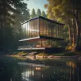 Beautiful futuristic architectural glass house in the forest on a large lake, 8k, Award-Winning, Highly Detailed, Beautiful, Epic, Octane Render, Unreal Engine, Radiant, Volumetric Lighting by Leonid Afremov