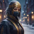 Wallpaper of a mysterious beautiful masked kunoichi ninja wearing eyeliner and gold jewelry in the streets of a dark snowy town in moscow, fluid motion, 8k, Intricate Details, Trending on Artstation, Beautiful, Stunning, Centered by Stanley Artgerm Lau, WLOP