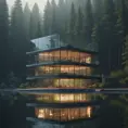 Beautiful futuristic architectural glass house in the forest on a large lake, 8k, Award-Winning, Highly Detailed, Beautiful, Epic, Octane Render, Unreal Engine, Radiant, Volumetric Lighting by Michael Eastman