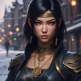 Mysterious beautiful armed kunoichi ninja wearing eyeliner and gold jewelry in the streets of a dark snowy town, 8k, Intricate Details, Trending on Artstation, Beautiful, Stunning, Centered by Stanley Artgerm Lau, WLOP