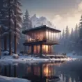 Grand futuristic glass cabin in the woods surrounded by a lake in winter, Atmospheric, Highly Detailed, Intricate, Trending on Artstation, Stunning, Realistic, Unreal Engine, Dynamic Lighting, Radiant, Fantasy by Greg Rutkowski