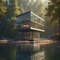 Beautiful futuristic architectural glass house in the forest on a large lake, 8k, Award-Winning, Highly Detailed, Beautiful, Epic, Octane Render, Unreal Engine, Radiant, Volumetric Lighting by Leonid Afremov