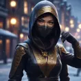 8k wallpaper of a mysterious beautiful masked kunoichi ninja wearing eyeliner and gold jewelry in the streets of a dark snowy town in moscow, fluid motion, 8k, Intricate Details, Trending on Artstation, Beautiful, Stunning by Stanley Artgerm Lau, WLOP