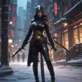 Mysterious beautiful armed kunoichi ninja wearing black leather and gold in the streets of dark snowy tokyo, 8k, Intricate Details, Trending on Artstation, Beautiful, Stunning, Centered by Stanley Artgerm Lau, WLOP