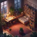 isometric render, messy nostalgic bedroom with a gaming pc, windows, plants bookshelves, desk, 8k, Behance, Dynamic Lighting, Concept Art, 3D art, Muted