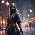 Wallpaper of a mysterious beautiful masked kunoichi ninja wearing eyeliner and gold jewelry in the streets of a dark snowy town in moscow, fluid motion, 8k, Intricate Details, Trending on Artstation, Beautiful, Stunning, Centered by Stanley Artgerm Lau, WLOP