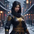 Mysterious beautiful armed kunoichi ninja wearing eyeliner and gold jewelry in the streets of a dark snowy town, 8k, Intricate Details, Trending on Artstation, Beautiful, Stunning, Centered by Stanley Artgerm Lau, WLOP