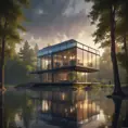 Beautiful futuristic architectural glass house in the forest on a large lake, 8k, Award-Winning, Highly Detailed, Beautiful, Epic, Octane Render, Unreal Engine, Radiant, Volumetric Lighting by Leonid Afremov