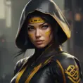 Matte portrait of a beautiful Kunoichi Ninja in black and yellow, 8k, Highly Detailed, Intricate, Realistic, Sharp Focus, Volumetric Lighting, Fantasy, Elegant by Stanley Artgerm Lau, WLOP, Stefan Kostic