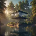 Beautiful futuristic architectural glass house in the forest on a large lake, 8k, Award-Winning, Highly Detailed, Beautiful, Epic, Octane Render, Unreal Engine, Radiant, Volumetric Lighting by Leonid Afremov