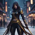 Mysterious beautiful armed kunoichi ninja wearing black leather and gold in the streets of dark snowy tokyo, 8k, Intricate Details, Trending on Artstation, Beautiful, Stunning, Centered by Stanley Artgerm Lau, WLOP