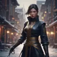 Mysterious beautiful armed kunoichi ninja wearing eyeliner and gold jewelry in the streets of a dark snowy town, 8k, Intricate Details, Trending on Artstation, Beautiful, Stunning, Centered by Stanley Artgerm Lau, WLOP