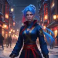 Mysterious beautiful kunoichi ninja with blue hair wearing black, red, and gold jewelry in the streets of a dark snowy town in russia, 8k, Intricate Details, Trending on Artstation, Red Hair by Stanley Artgerm Lau, WLOP