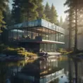 Beautiful futuristic architectural glass house in the forest on a large lake, 8k, Award-Winning, Highly Detailed, Beautiful, Epic, Octane Render, Unreal Engine, Radiant, Volumetric Lighting by Greg Rutkowski