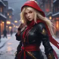 Mysterious beautiful kunoichi ninja wearing black, red and gold in the streets of a dark snowy town in russia, 8k, Intricate Details, Trending on Artstation, Blonde Hair by Stanley Artgerm Lau, WLOP