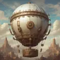 White steampunk hot air balloon with gears, Victorian style Ancient buildings, archeological ruins of lost civilizations and technology, Steampunk, Iridescence by Greg Rutkowski