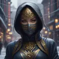 Wallpaper of a mysterious beautiful masked kunoichi ninja wearing eyeliner and gold jewelry in the streets of a dark snowy town in moscow, fluid motion, 8k, Intricate Details, Trending on Artstation, Beautiful, Stunning, Centered by Stanley Artgerm Lau, WLOP