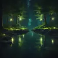 A magical pond in a fantasy forest with glowing green trees at night, 4k, HQ, Intricate, Artstation, Cinematic Lighting, Photo Realistic, Sharp Focus, Unreal Engine, Dark