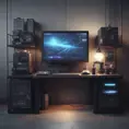 A dark industrial desk from the future with many monitors, Photo Realistic, Volumetric light effect, Octane Render, Unreal Engine, Ambient Occlusion, Maximalism, Industrial by Beeple