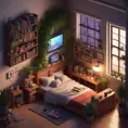 isometric render, messy nostalgic bedroom with a gaming pc, windows, plants bookshelves, desk, 8k, Behance, Dynamic Lighting, Concept Art, 3D art, Muted