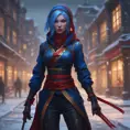 Mysterious beautiful kunoichi ninja wearing black, red and gold in the streets of a dark snowy town in russia, 8k, Intricate Details, Trending on Artstation, Blue Hair by Stanley Artgerm Lau, WLOP