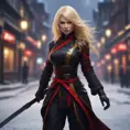 Mysterious beautiful kunoichi ninja wearing black, red and gold in the streets of a dark snowy town in russia, 8k, Intricate Details, Trending on Artstation, Blonde Hair by Stanley Artgerm Lau, WLOP