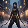 Mysterious beautiful armed kunoichi ninja wearing black and gold in the streets of dark snowy tokyo, 8k, Intricate Details, Trending on Artstation, Beautiful, Stunning, Centered by Stanley Artgerm Lau, WLOP