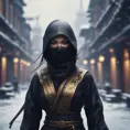 8k wallpaper of a mysterious beautiful masked kunoichi ninja wearing eyeliner and gold jewelry in the streets of a dark snowy town in moscow, fluid motion, 8k, Intricate Details, Trending on Artstation, Beautiful, Stunning by Stanley Artgerm Lau, WLOP