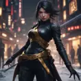 Mysterious beautiful armed kunoichi ninja wearing black leather and gold in the streets of dark snowy tokyo, 8k, Intricate Details, Trending on Artstation, Beautiful, Stunning, Centered by Stanley Artgerm Lau, WLOP