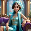 Fashion Illustration Style, A Woman in a headscarf Sitting on a sofa on a fairy-tale Background, Smiling like a Fairy Queen, Princess Jasmine, Photorealistic Disney, Disney Photos are Realistic, Princess Portrait, Disney-style Art, Beautiful Genie Girl, Disney Rendering, Disney Animation Style, Isabella Moner, Ivan Talavera Style and Artgerm, portrait of the Disney Veta, 8k, Highly Detailed, Intricate, Realistic, Sharp Focus, Volumetric Lighting, Fantasy, Elegant by Stanley Artgerm Lau, Alphonse Mucha, WLOP, Stefan Kostic