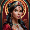 Matte portrait of the beautiful Princess Jasmine in dark red, 8k, Highly Detailed, Intricate, Realistic, Sharp Focus, Volumetric Lighting, Fantasy, Elegant by Stanley Artgerm Lau, Alphonse Mucha, WLOP, Stefan Kostic