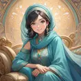 Fashion Illustration Style, A Woman in a headscarf Sitting on a sofa on a fairy-tale Background, Smiling like a Fairy Queen, Princess Jasmine, Photorealistic Disney, Disney Photos are Realistic, Princess Portrait, Disney-style Art, Beautiful Genie Girl, Disney Rendering, Disney Animation Style, Isabella Moner, Ivan Talavera Style and Artgerm, portrait of the Disney Veta, 8k, Highly Detailed, Intricate, Realistic, Sharp Focus, Volumetric Lighting, Fantasy, Elegant by Stanley Artgerm Lau, Alphonse Mucha, WLOP, Stefan Kostic