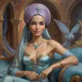 Fashion Illustration Style, A Woman in a headscarf Sitting on a sofa on a fairy-tale Background, Smiling like a Fairy Queen, Princess Jasmine, Photorealistic Disney, Disney Photos are Realistic, Princess Portrait, Disney-style Art, Beautiful Genie Girl, Disney Rendering, Disney Animation Style, Isabella Moner, Ivan Talavera Style and Artgerm, portrait of the Disney Veta, 8k, Highly Detailed, Intricate, Realistic, Sharp Focus, Volumetric Lighting, Fantasy, Elegant by Stanley Artgerm Lau, Alphonse Mucha, WLOP, Stefan Kostic