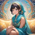 Fashion Illustration Style, A Woman in a headscarf Sitting on a sofa on a fairy-tale Background, Smiling like a Fairy Queen, Princess Jasmine, Photorealistic Disney, Disney Photos are Realistic, Princess Portrait, Disney-style Art, Beautiful Genie Girl, Disney Rendering, Disney Animation Style, Isabella Moner, Ivan Talavera Style and Artgerm, portrait of the Disney Veta, 8k, Highly Detailed, Intricate, Realistic, Sharp Focus, Volumetric Lighting, Fantasy, Elegant by Stanley Artgerm Lau, Alphonse Mucha, WLOP, Stefan Kostic