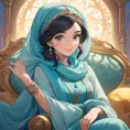 Fashion Illustration Style, A Woman in a headscarf Sitting on a sofa on a fairy-tale Background, Smiling like a Fairy Queen, Princess Jasmine, Photorealistic Disney, Disney Photos are Realistic, Princess Portrait, Disney-style Art, Beautiful Genie Girl, Disney Rendering, Disney Animation Style, Isabella Moner, Ivan Talavera Style and Artgerm, portrait of the Disney Veta, 8k, Highly Detailed, Intricate, Realistic, Sharp Focus, Volumetric Lighting, Fantasy, Elegant by Stanley Artgerm Lau, Alphonse Mucha, WLOP, Stefan Kostic