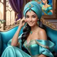 Fashion Illustration Style, A Woman in a headscarf Sitting on a sofa on a fairy-tale Background, Smiling like a Fairy Queen, Princess Jasmine, Photorealistic Disney, Disney Photos are Realistic, Princess Portrait, Disney-style Art, Beautiful Genie Girl, Disney Rendering, Disney Animation Style, Isabella Moner, Ivan Talavera Style and Artgerm, portrait of the Disney Veta, 8k, Highly Detailed, Intricate, Realistic, Sharp Focus, Volumetric Lighting, Fantasy, Elegant by Stanley Artgerm Lau, Alphonse Mucha, WLOP, Stefan Kostic