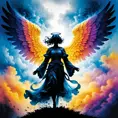 Silhouette of an Angel emerging from the fog of war, ink splash, Highly Detailed, Vibrant Colors, Ink Art, Fantasy, Dark by Stanley Artgerm Lau